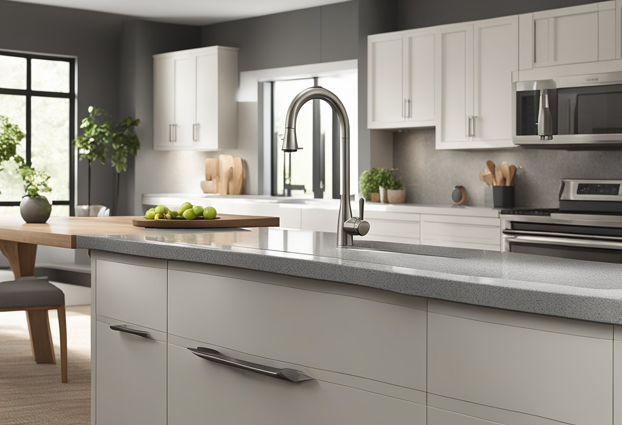 A modern kitchen with a sleek Kohler K-596-VS Simplice faucet installed on a granite countertop, surrounded by stainless steel appliances and a clean, minimalist design