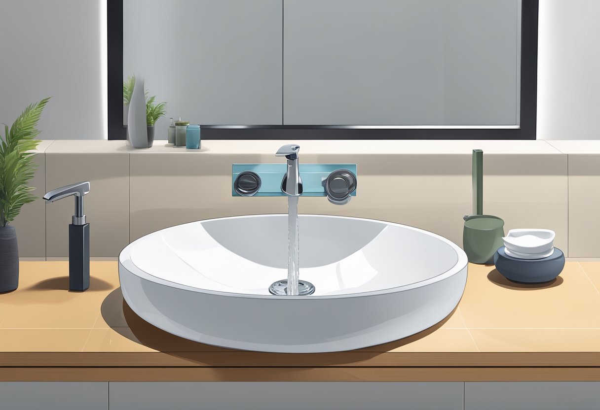 A modern bathroom sink with five different water-saving faucets installed, each with unique designs and features