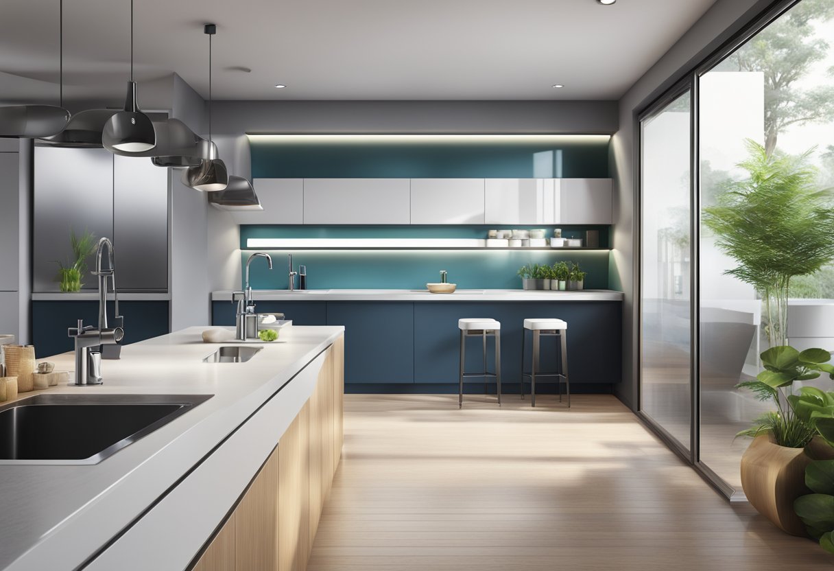 A modern kitchen or bathroom with various water-saving faucets installed, showing the sleek design and advanced technology behind them