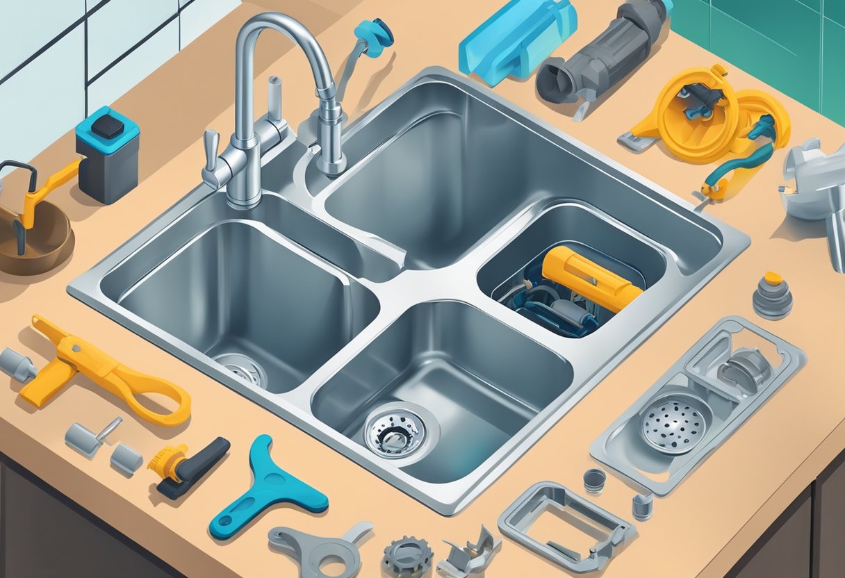 A plumber installs a water-saving faucet in a modern kitchen sink, surrounded by tools and spare parts