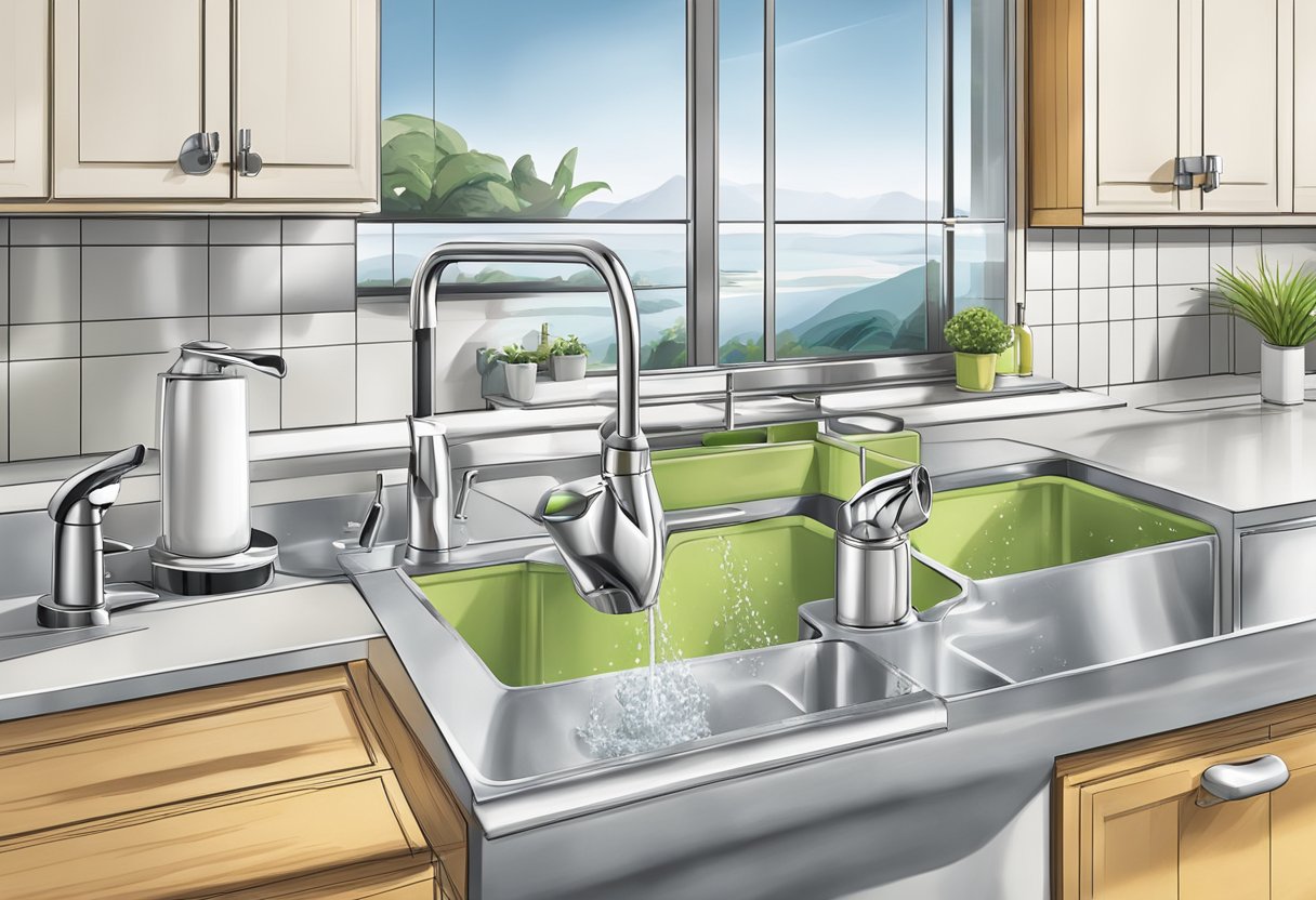 A modern kitchen with five different water-saving faucets installed, each with unique designs and features