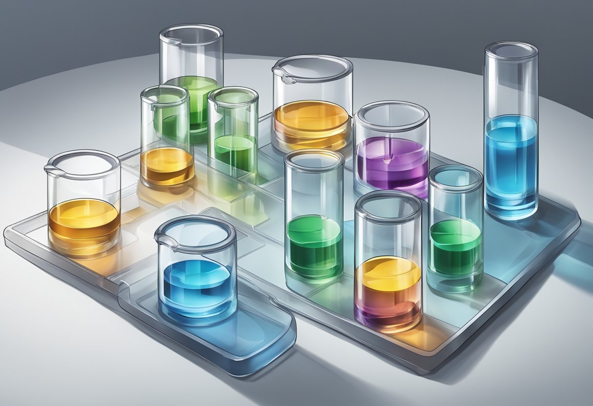 A table with various water testing kits arranged neatly, surrounded by clean glassware and water samples in labeled containers