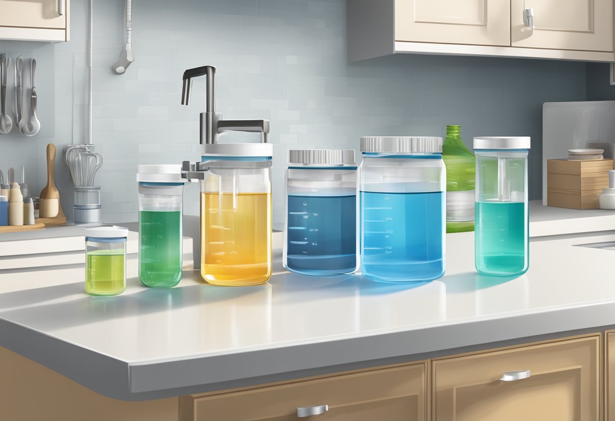 A well water test kit box surrounded by clear, clean water samples in various containers on a kitchen counter