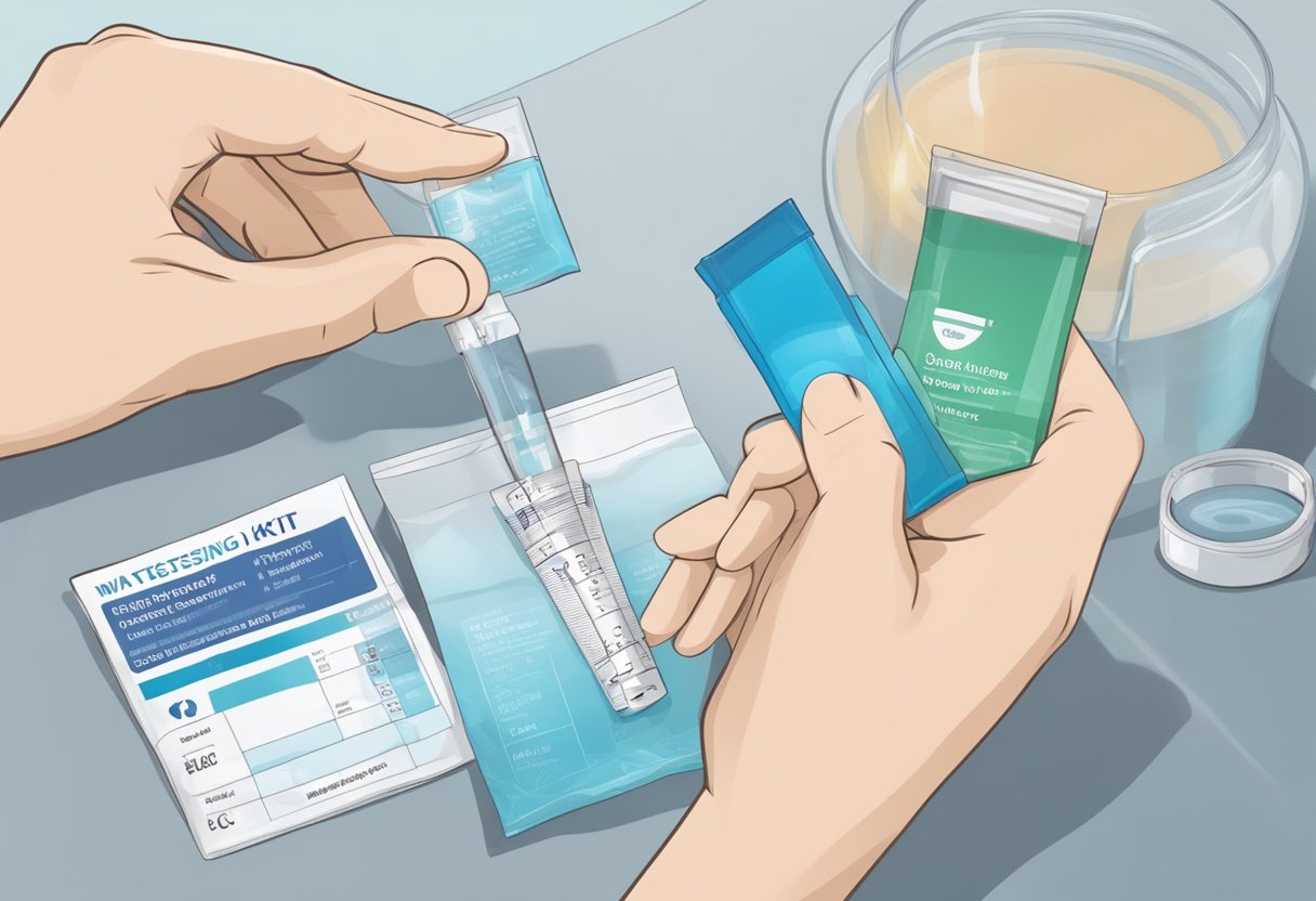 A hand holding a water testing kit strip, with a water sample and the test kit packaging in the background