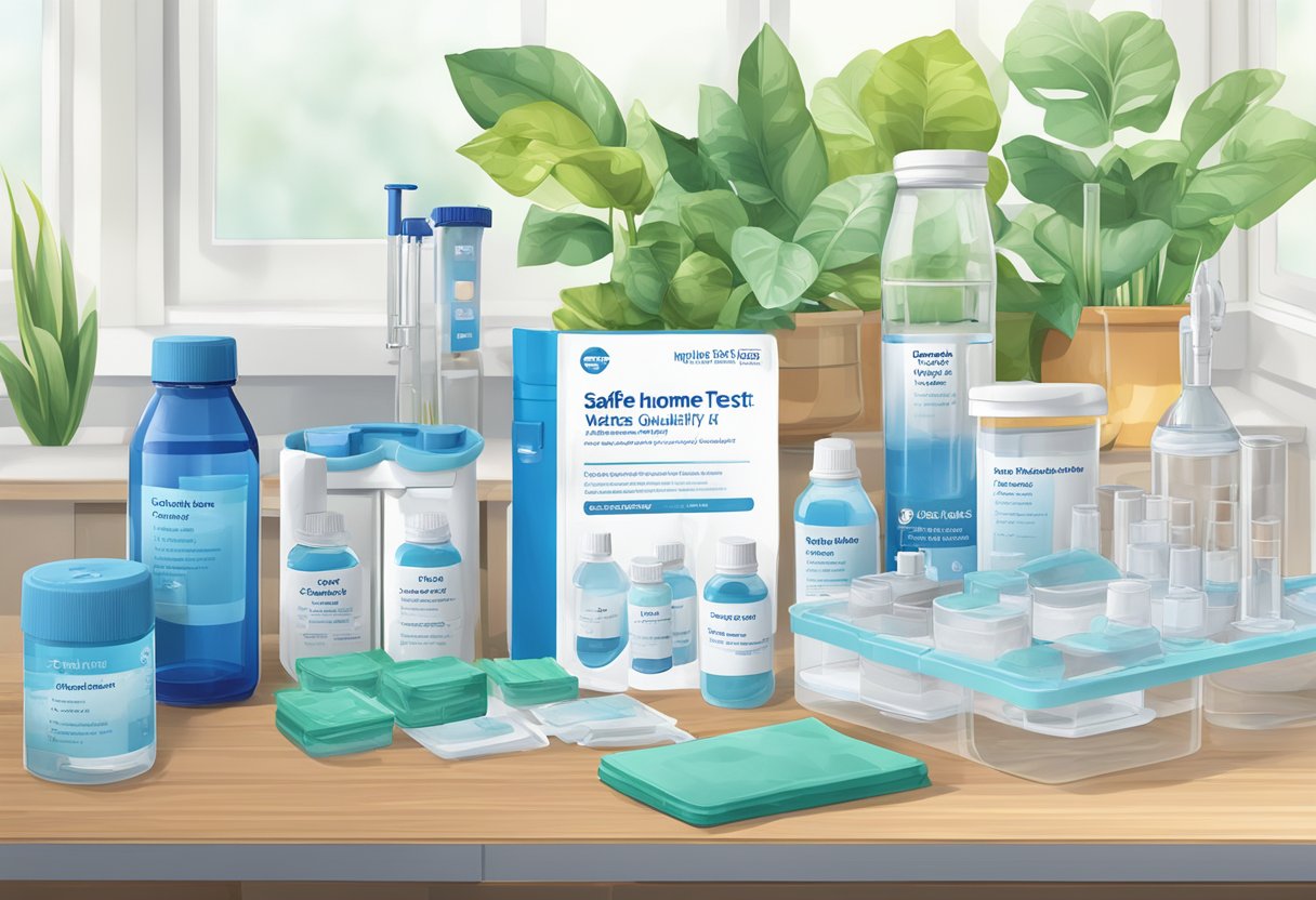 A table with the Safe Home ULTIMATE Water Quality Test Kit and various other water testing kits arranged neatly, with a clean glass of water next to them for testing