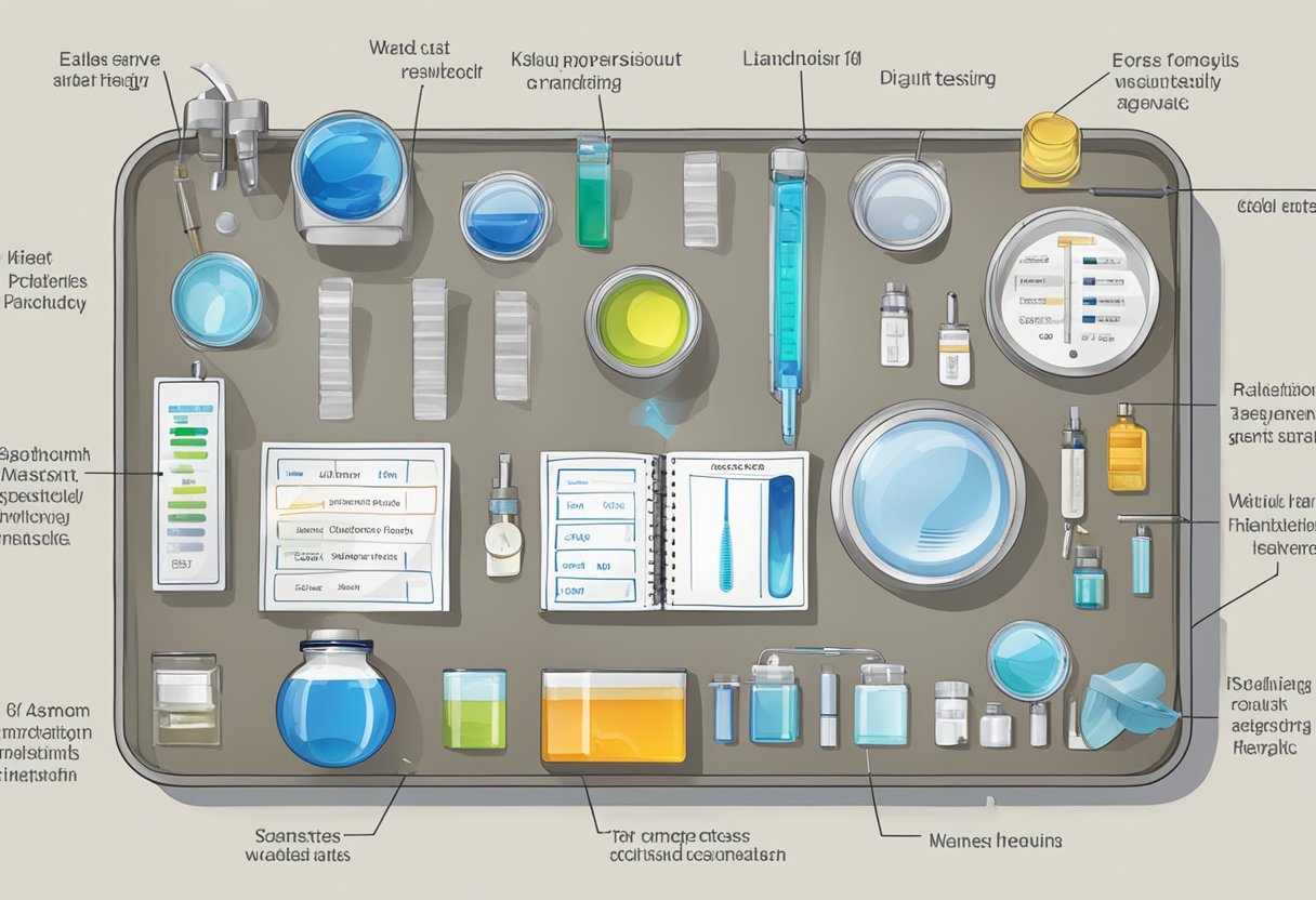 A table with various water testing kit components laid out neatly for use