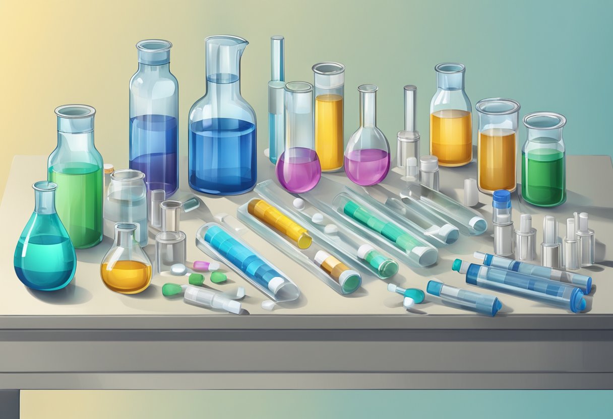 A table with various water testing vials, test tubes, and equipment laid out for use