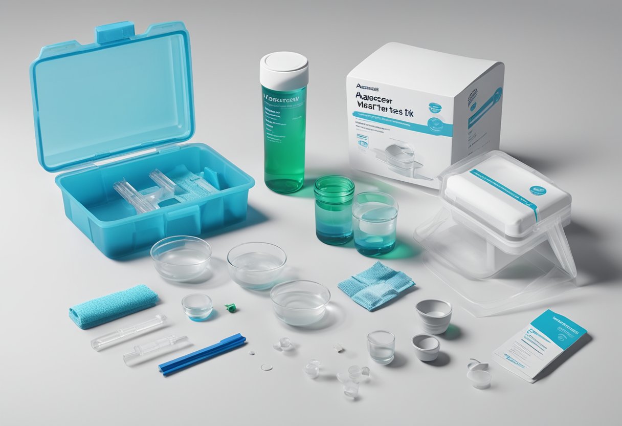 AquaScreen water test kit components laid out on a clean, white surface with a clear glass of water next to it