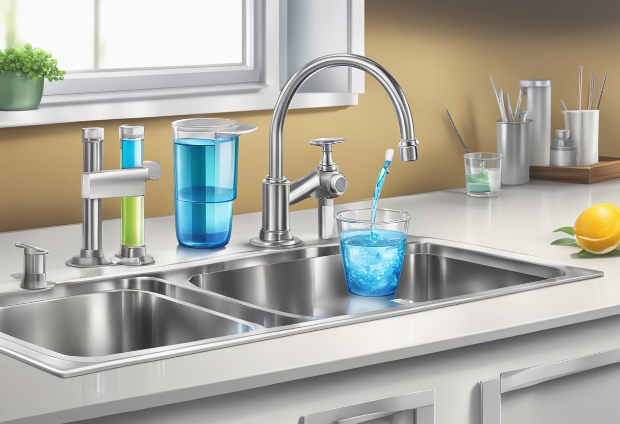 A kitchen countertop with various water testing kits, a faucet running, and a filled glass of water