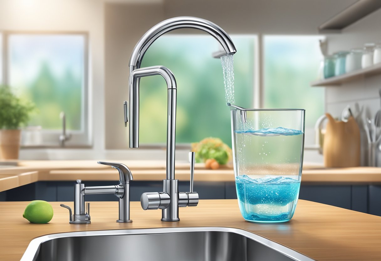 A family kitchen with a faucet pouring clean, clear water through a lead removal filter into a glass