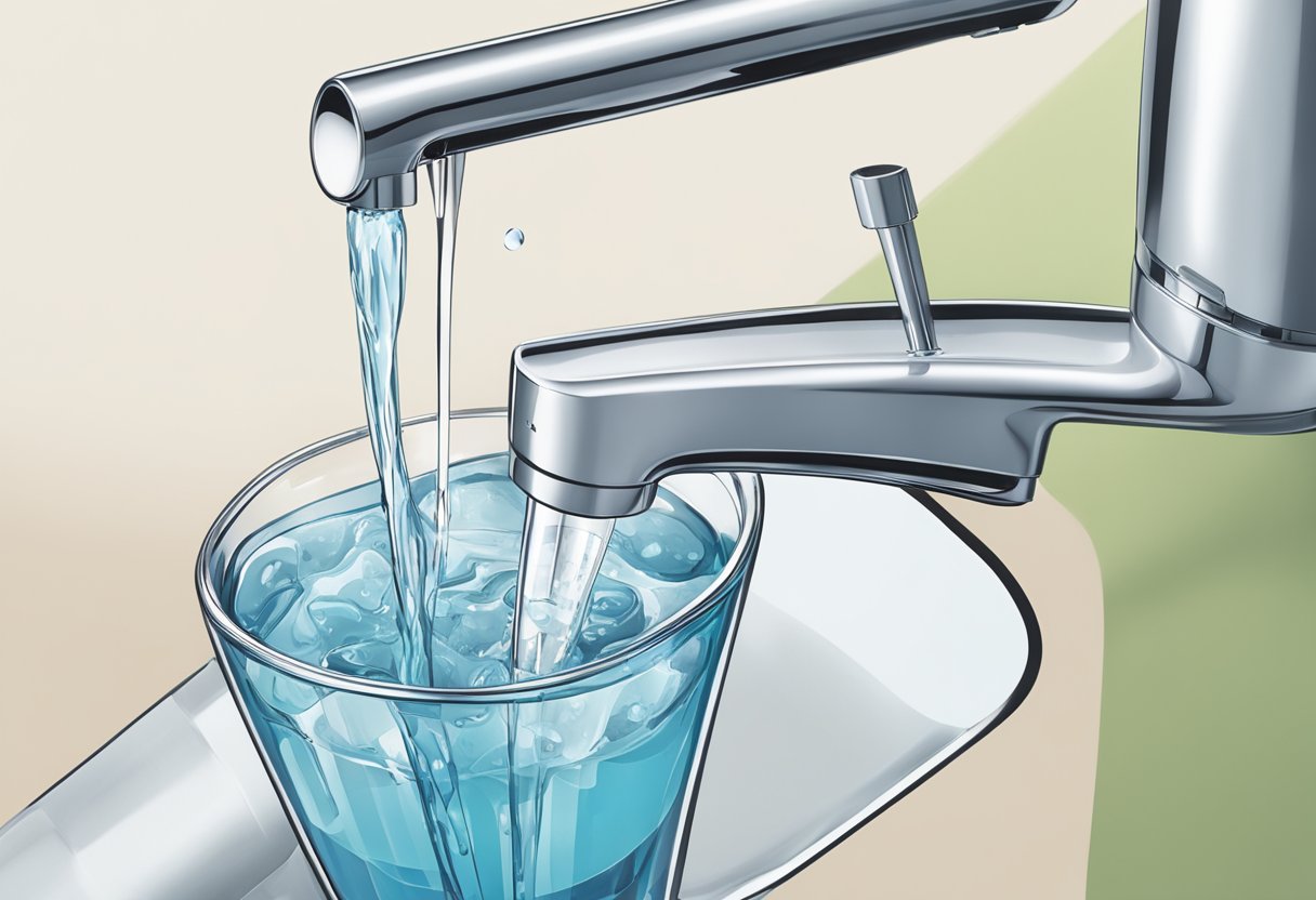 A faucet pouring clean, clear water into a glass, with a Brita Longlast+ filter prominently attached