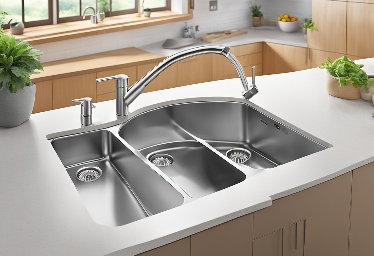 A modern kitchen sink with the Aquasana AQ-5300.55 3-Stage Under Sink Water Filter installed, clean glasses of water nearby