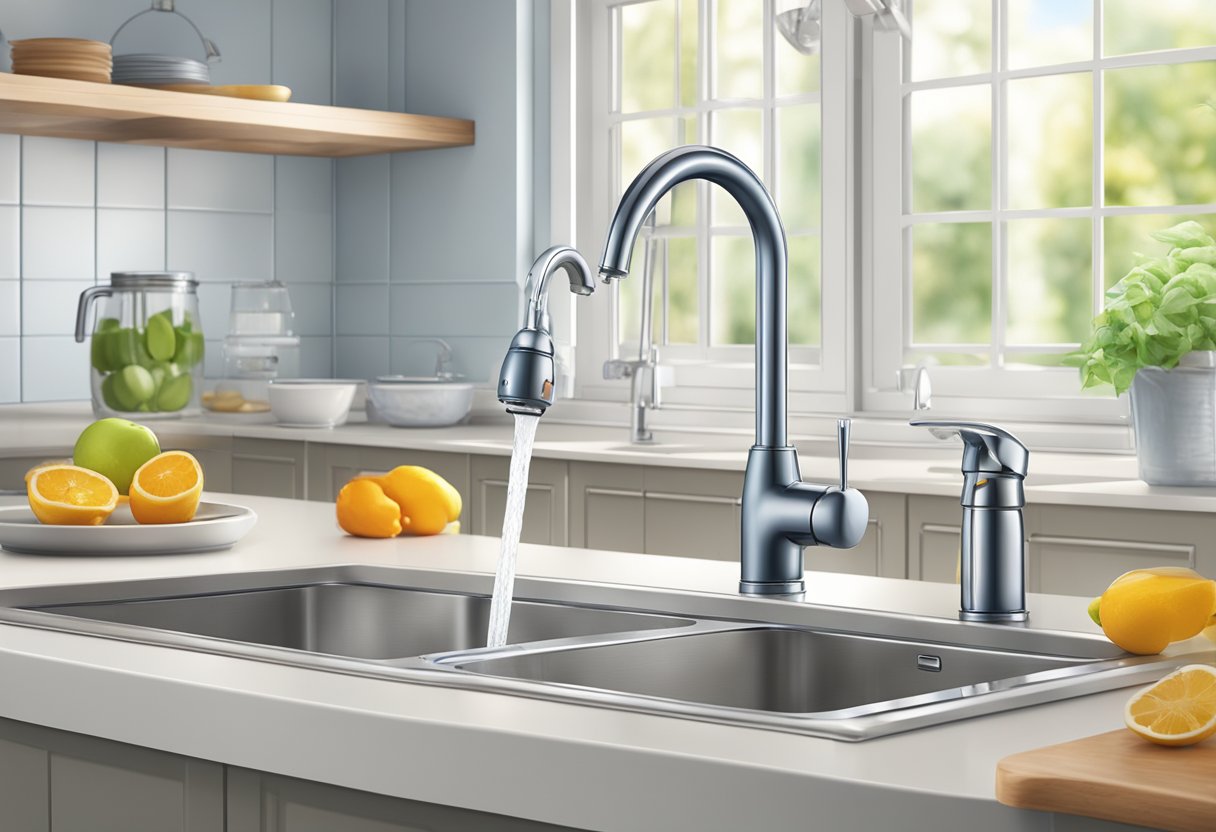 A family kitchen with a faucet pouring clean, clear water into a glass from a lead removal filter attached to the tap