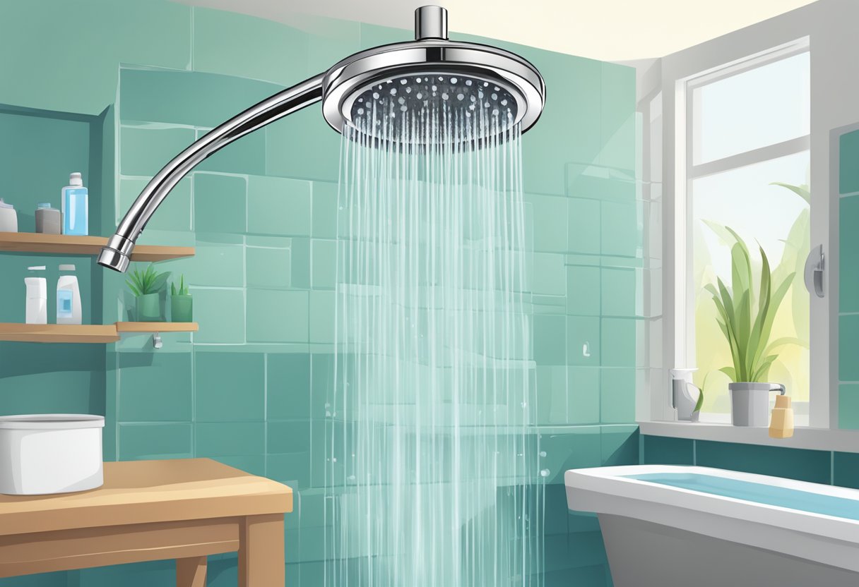 A shower head releasing clean water through a filter, with chlorine and contaminants being removed