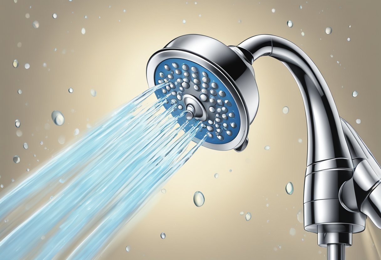 A shower head releasing clean, filtered water with a soft, revitalizing glow