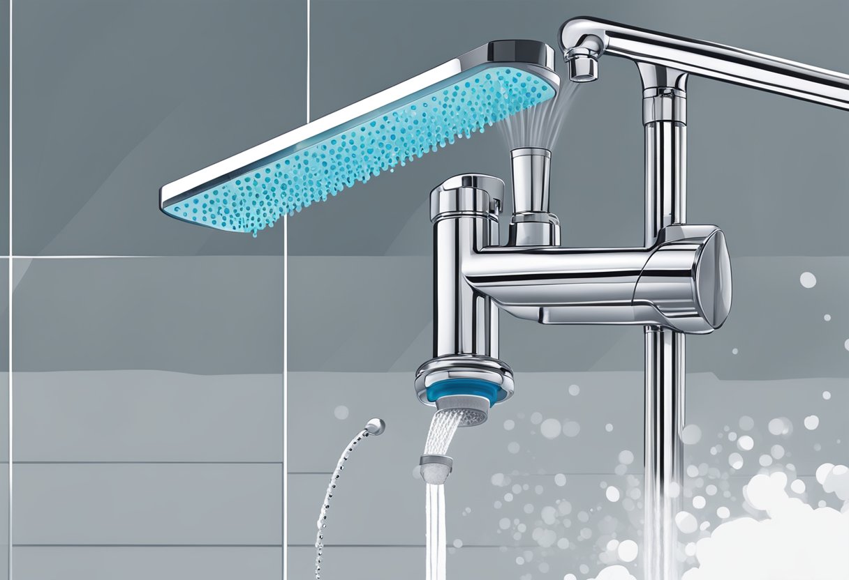 A shower head releasing clean, filtered water with a Berkey Shower Filter attached