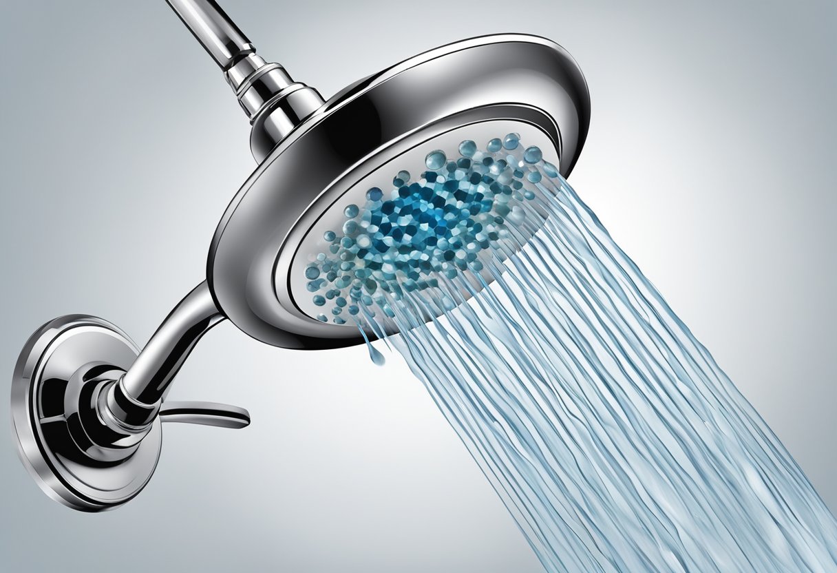 A shower head with a water filter system attached, water flowing through, removing chlorine and contaminants