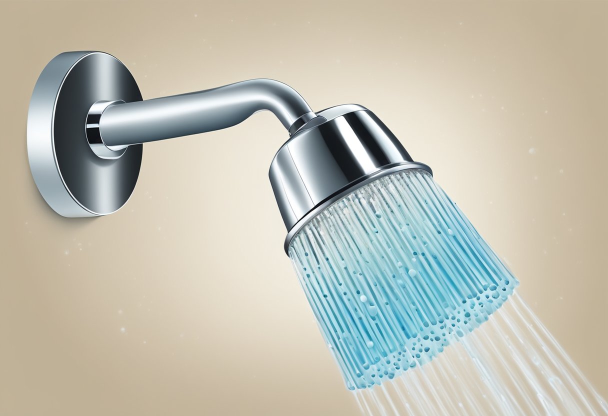 A shower head releasing clean, filtered water while removing chlorine and contaminants