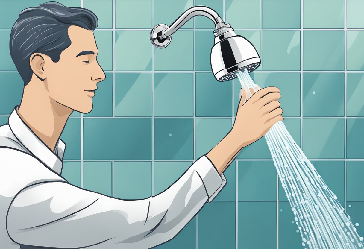 A shower head releasing clean, filtered water with a visible removal of chlorine and contaminants