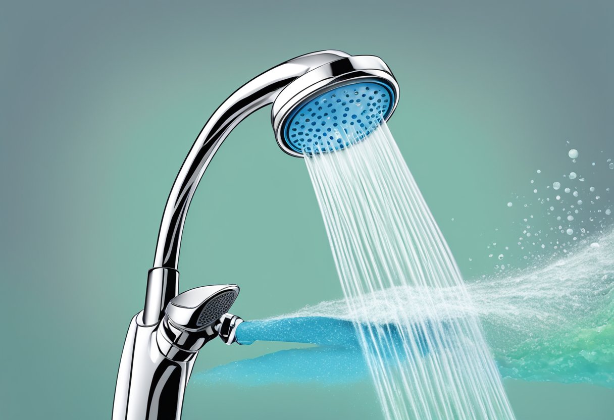 A showerhead releasing clean, filtered water while removing chlorine and contaminants