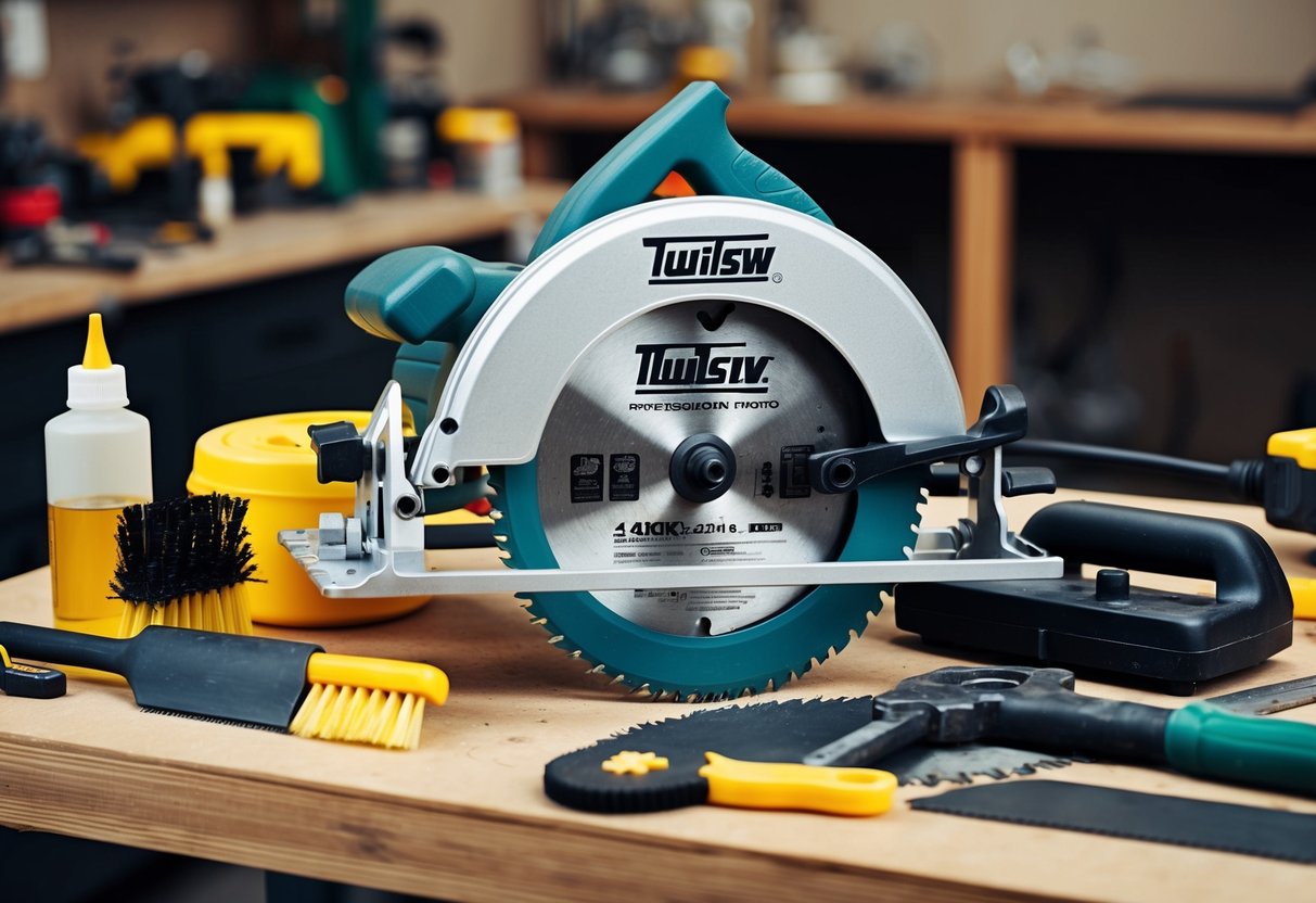 A circular saw resting on a workbench, surrounded by various maintenance tools and supplies such as oil, cleaning brushes, and replacement blades