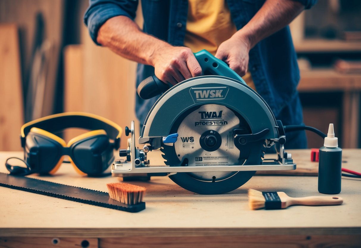 A circular saw sits on a workbench surrounded by safety goggles, ear protection, a brush, and lubricant