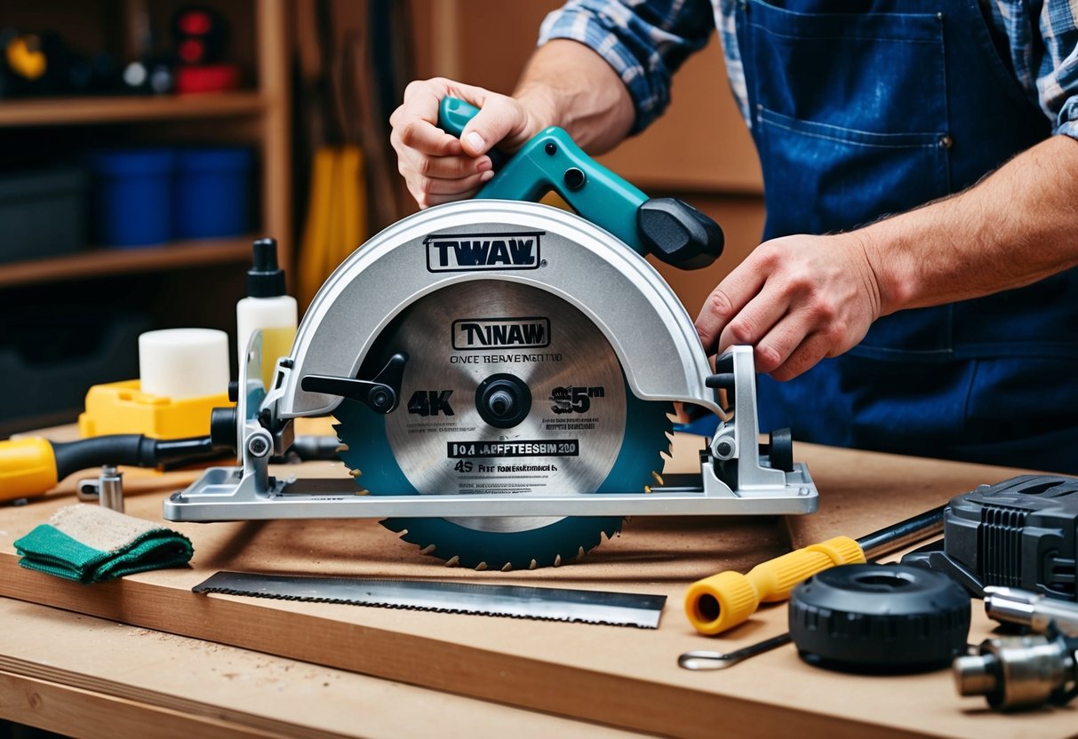 A circular saw on a workbench, surrounded by various maintenance tools and materials. A user is seen cleaning and oiling the blade, inspecting the motor, and checking the alignment of the saw