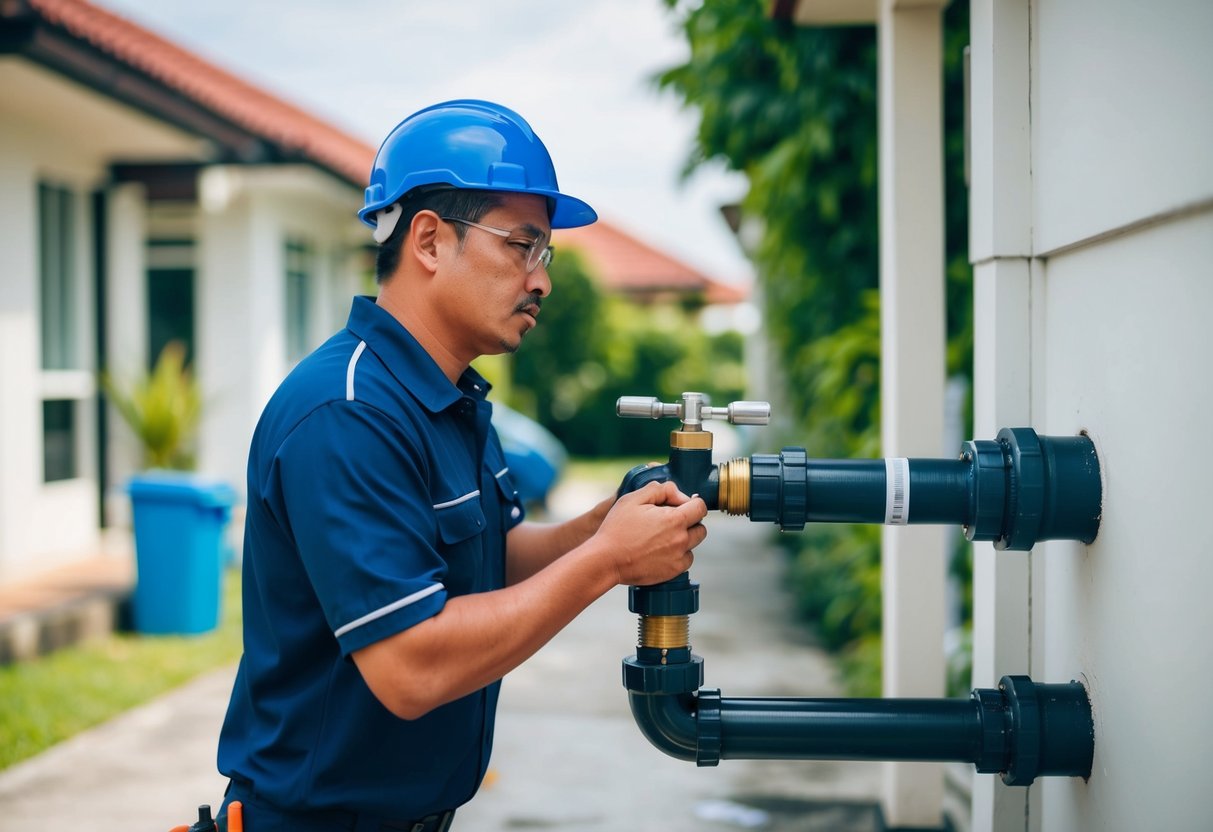 A plumber working on a pipe in a residential area in Seri Kembangan