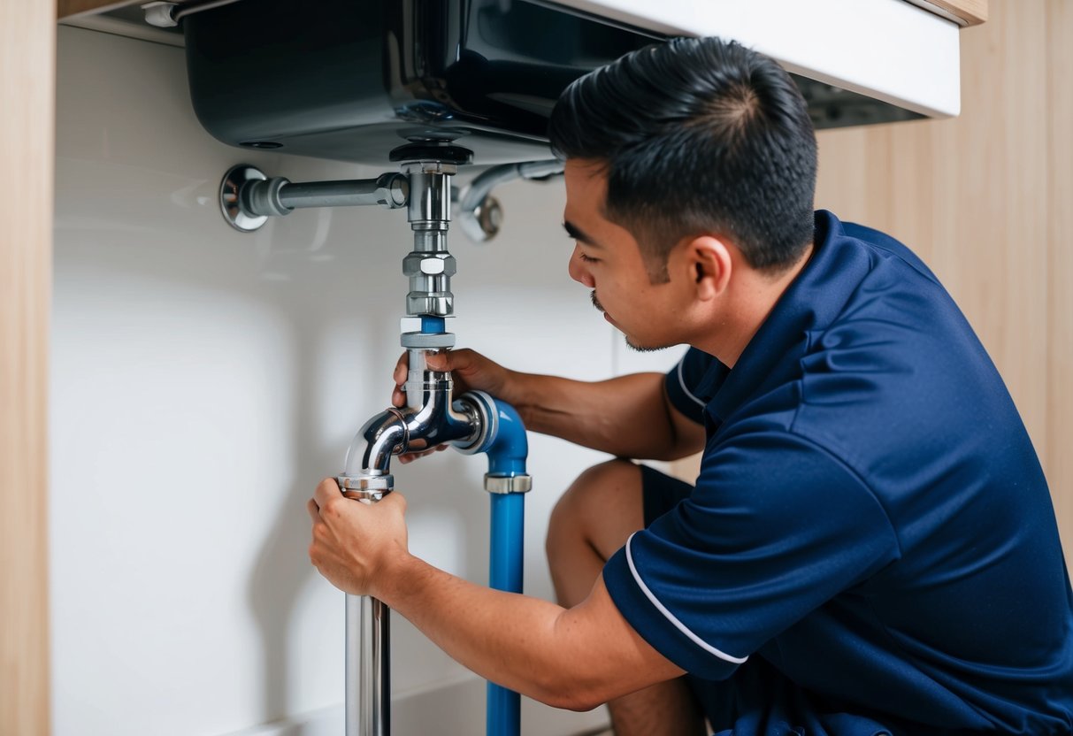 A plumber in Seri Kembangan working on a pipe under a sink