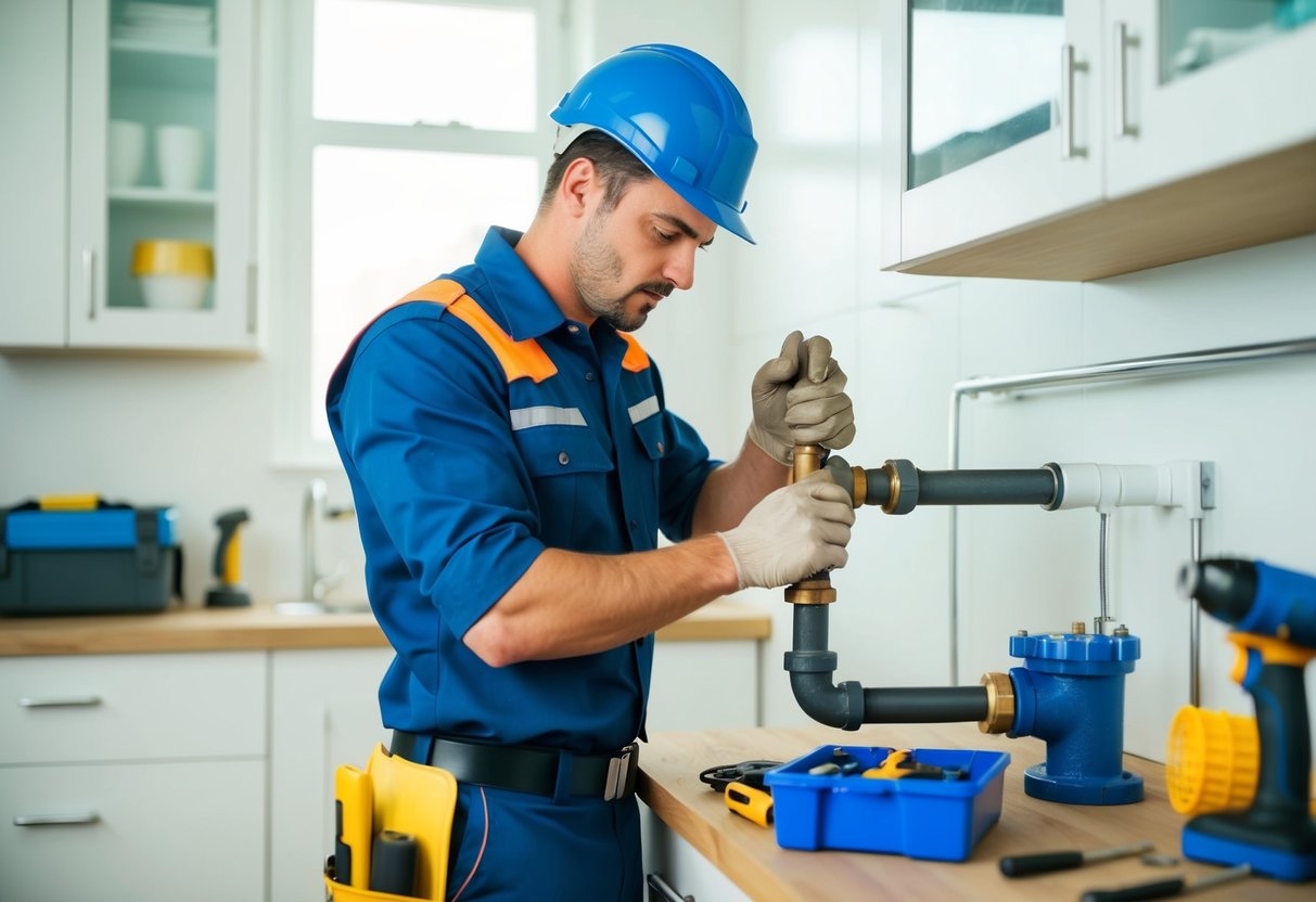 A plumber in uniform working on a pipe in a well-lit, clean and organized workspace with various tools and equipment nearby