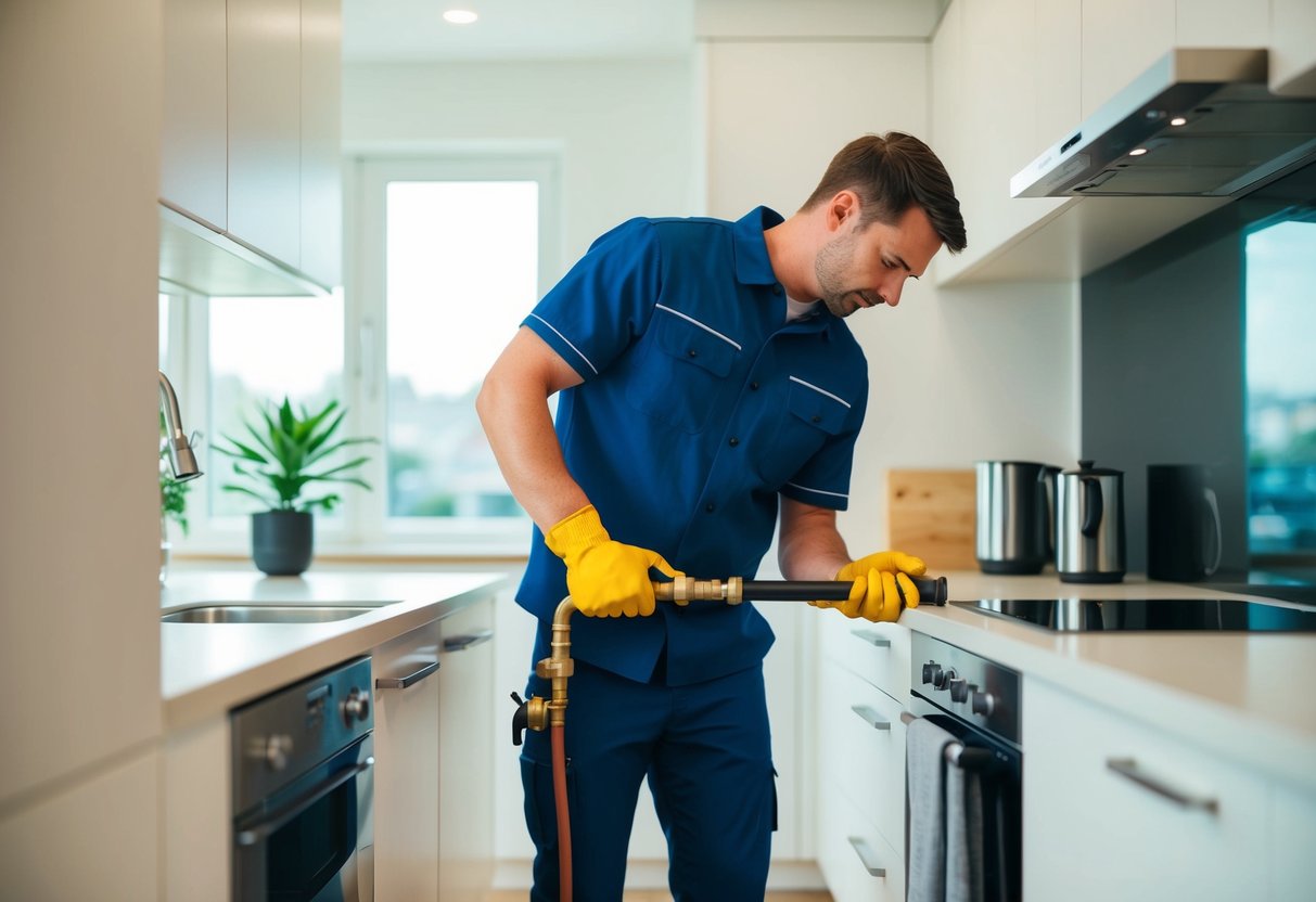 A plumber fixing a leaky pipe in a modern home kitchen