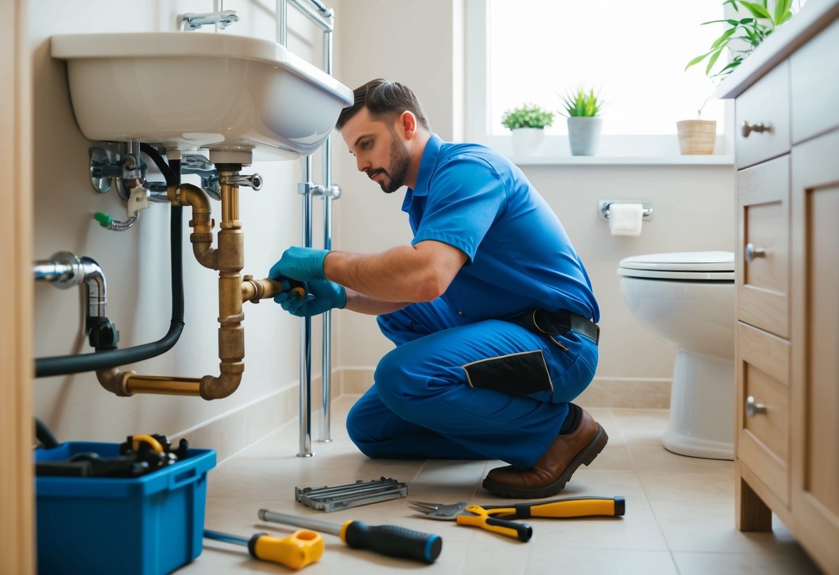 A plumber inspecting and maintaining pipes in a residential bathroom, surrounded by tools and equipment