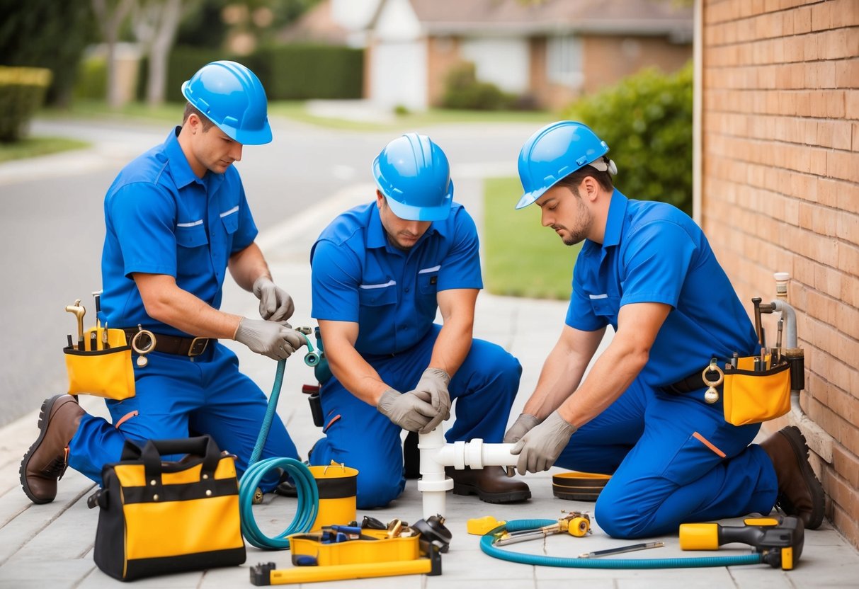 A group of plumbers in uniform working together to fix a pipe in a residential area, surrounded by their tools and equipment