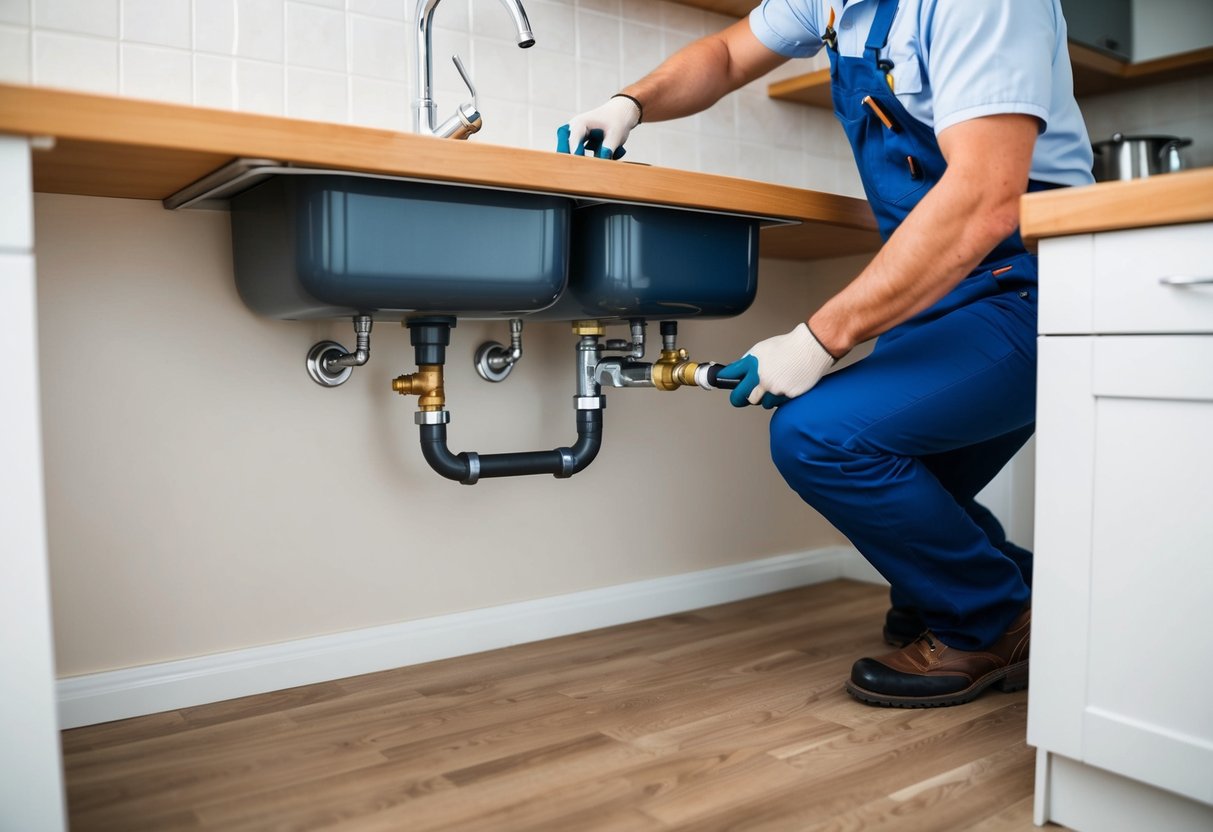 A plumber fixing a leaking pipe under a sink in a tidy kitchen