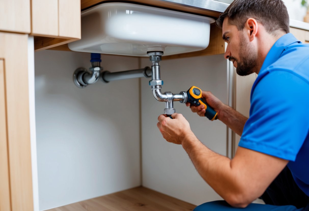 A plumber repairing a leaky pipe under a sink in a kitchen