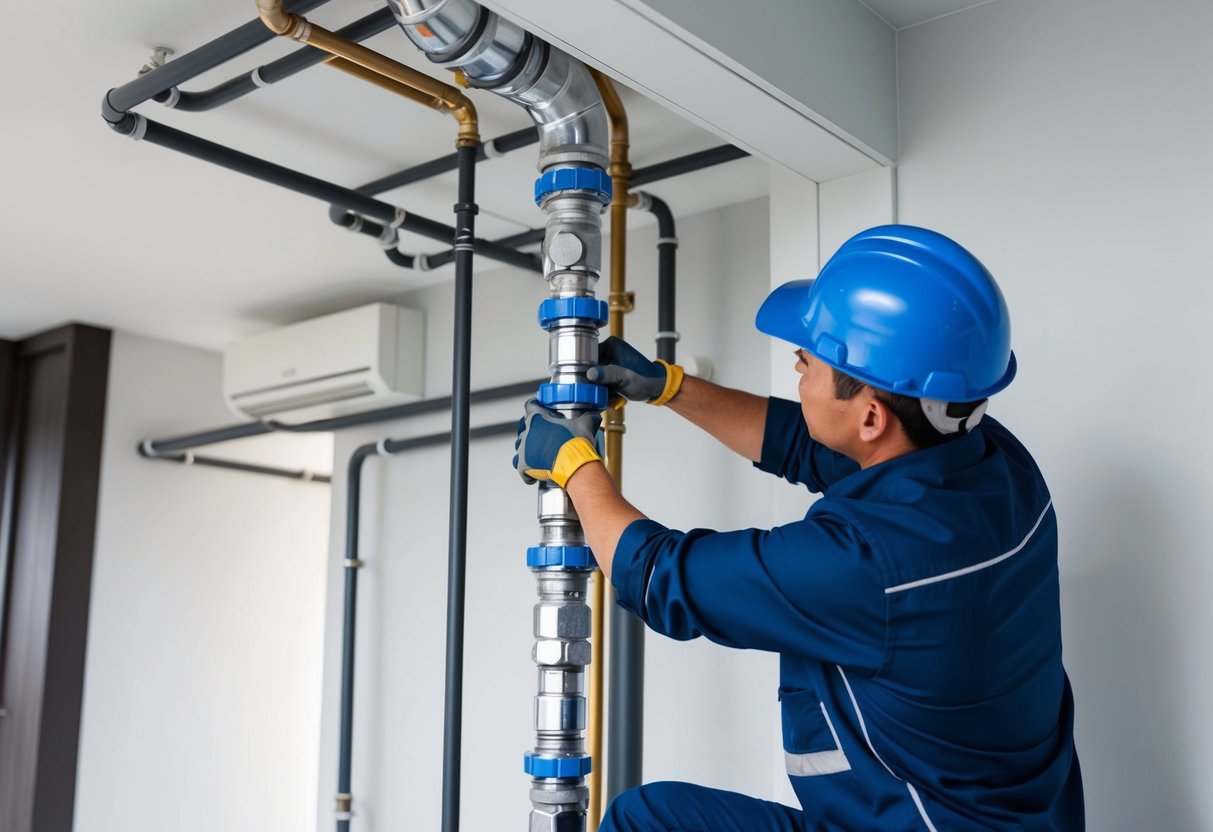 A plumber in uniform working on a complex pipe system in a modern Malaysian home