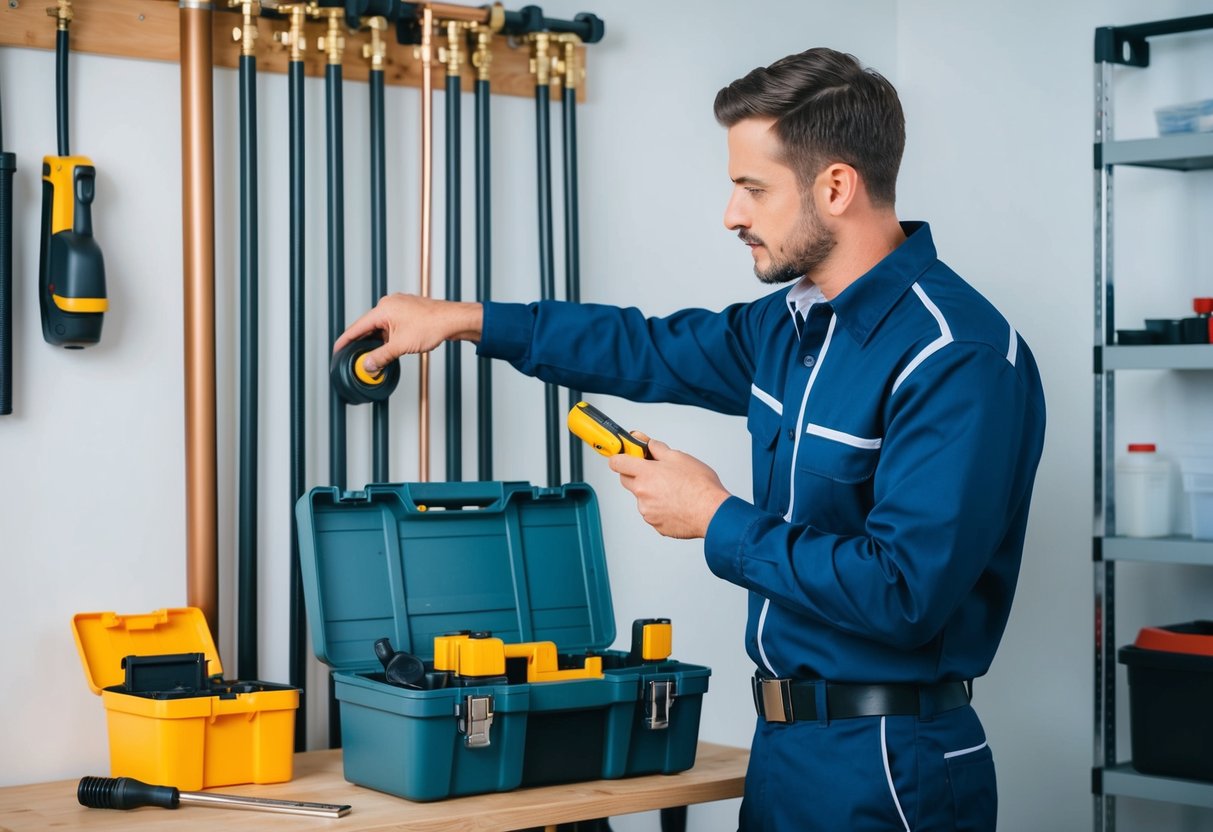 A plumber in uniform standing in front of a toolbox, examining a set of pipes in a neatly organized workshop