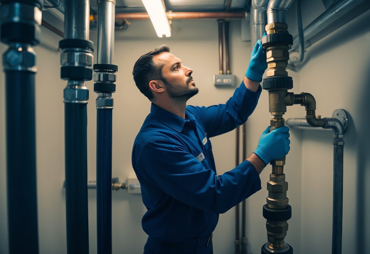 A technician uses specialized equipment to inspect pipes for leaks in a dimly lit utility room