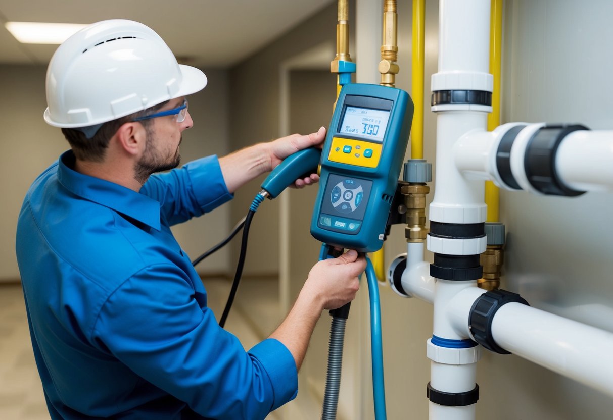 A technician using specialized equipment to detect leaks in a commercial building's plumbing system