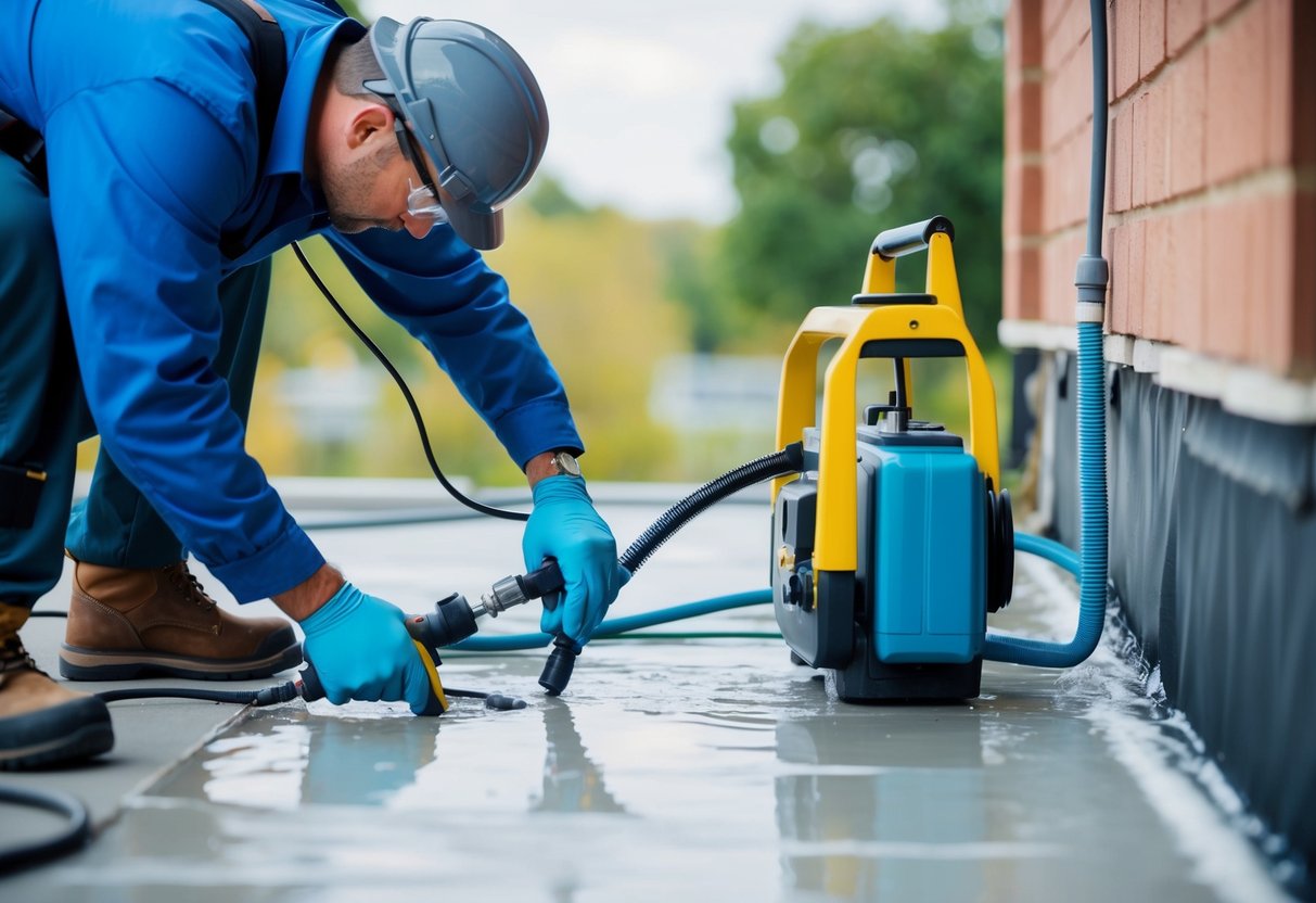 A technician uses specialized equipment to detect leaks in a building's waterproofing, while another worker applies remediation materials