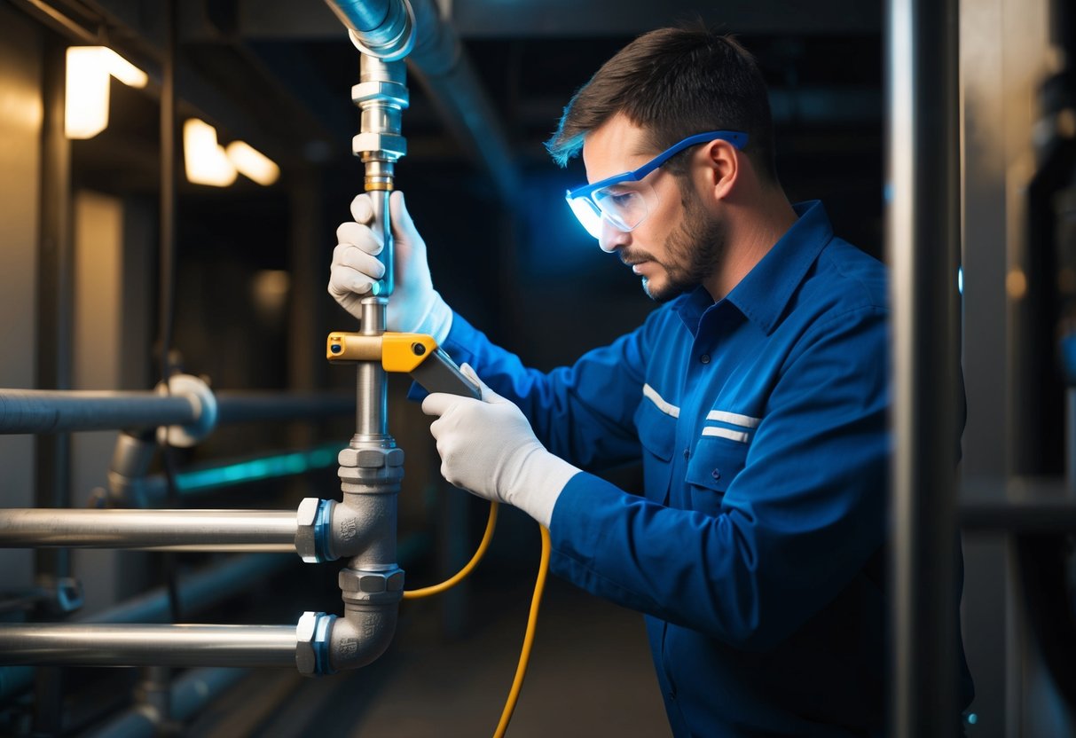 A technician using a specialized tool to inspect pipes for leaks in a dimly lit industrial setting