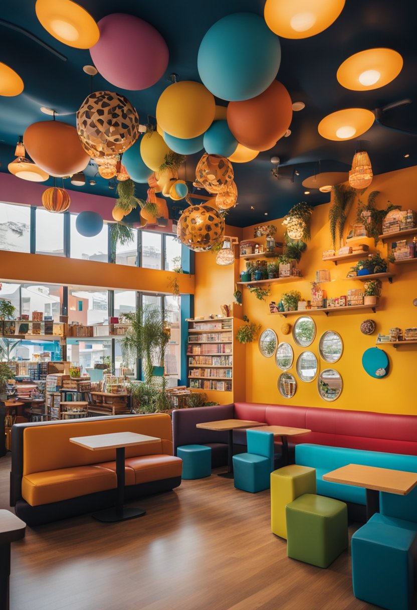 A colorful and vibrant restaurant with a play area filled with toys, books, and games. Brightly painted walls and friendly animal-themed decor add to the cheerful atmosphere