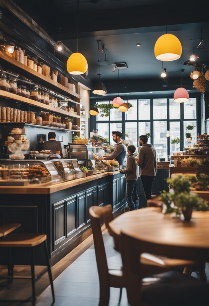 A bustling cafe with colorful decor and playful signage, filled with families and children enjoying sweet treats and drinks