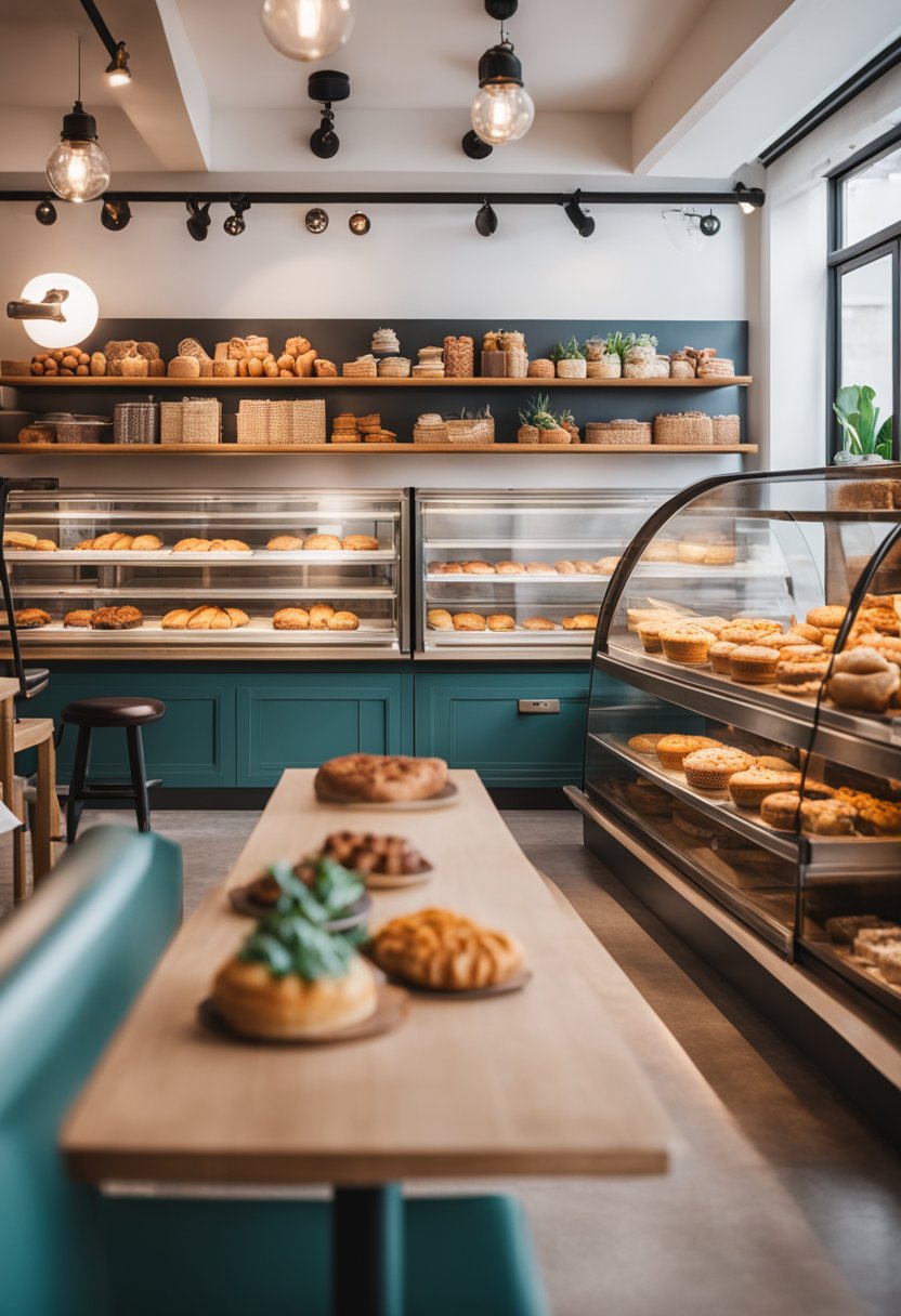 A colorful and inviting bakery with playful decor and a cozy seating area for families, featuring a display of delicious baked goods and a welcoming atmosphere