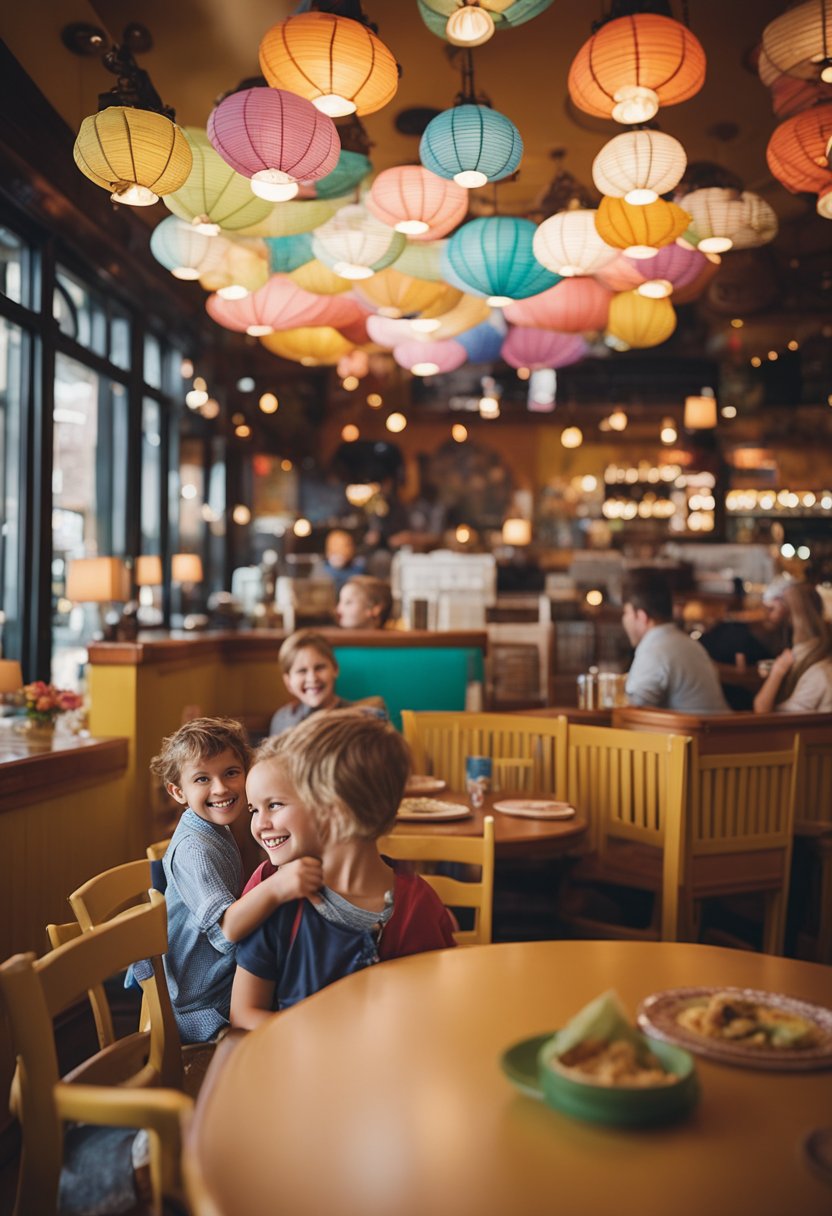 Families enjoying a lively atmosphere at Jake's Texas Tea House, with children playing and laughing in a colorful, spacious dining area