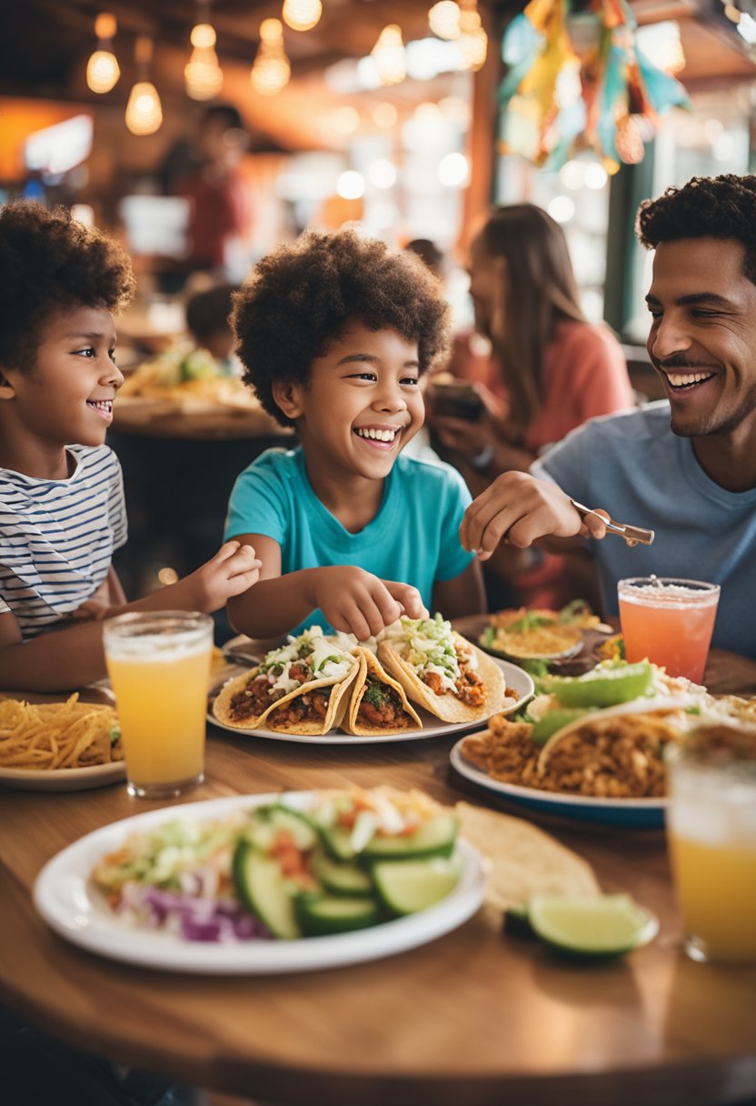 Families enjoying Tex-Mex at Torchy's Tacos: kids playing with coloring sheets, parents chatting over tacos and margaritas. Bright, lively atmosphere