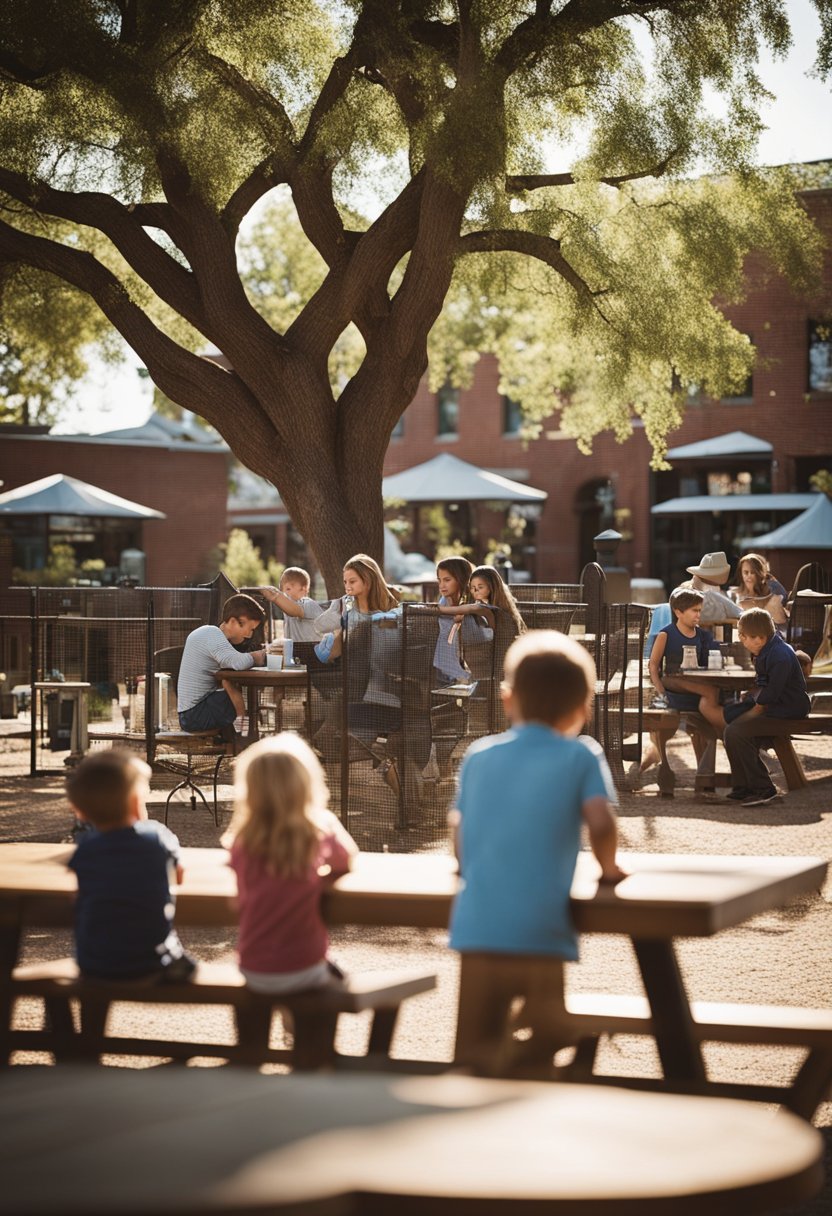 Families gather at Common Grounds Waco, kids playing on the outdoor playground while parents chat and sip coffee at the outdoor tables