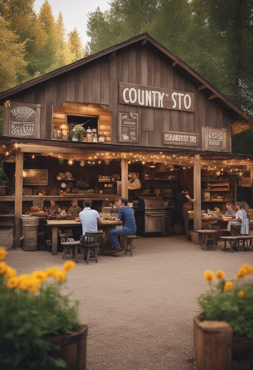 A colorful, welcoming "Country Store" with a rustic BBQ pit and outdoor seating. Children play in a fenced area while families enjoy their meals