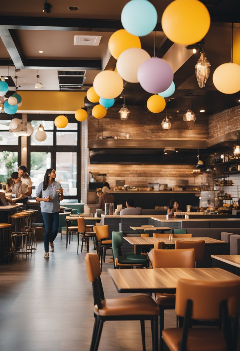 A bustling restaurant with colorful decor, high chairs, and a play area. Families enjoy meals while kids play and laugh