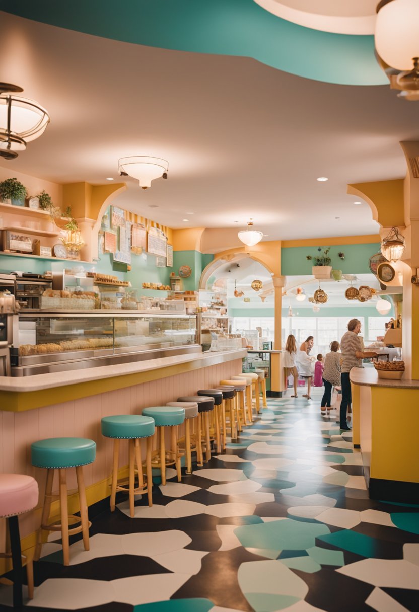 Colorful, whimsical interior of Heritage Creamery, filled with families enjoying ice cream and playful decor